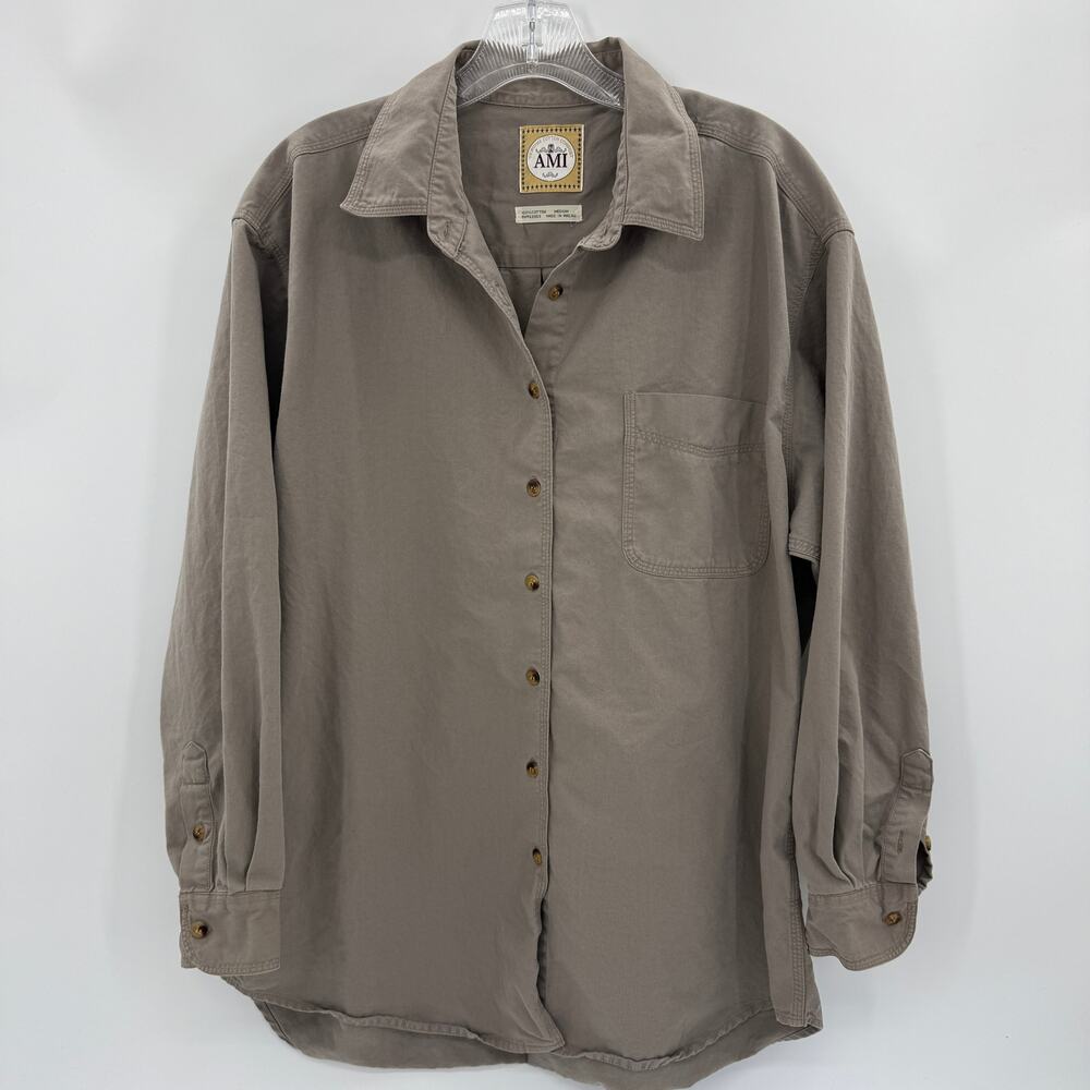AMI Women Genuine Cotton Khaki Utility Shirt Size M Long Sleeve Button Up Rustic